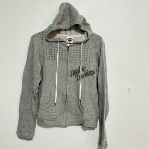 Harley Davidson Studded Zip Up Hoodie Jacket Womens Small Grey Smokin Chicago